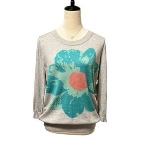 J. Crew Gray Teal Blue Large Floral Crew Neck Sweater large EUC